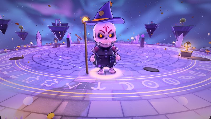 Morrigast the skull mage in a floating sky arena ringed by glowing glyphs.